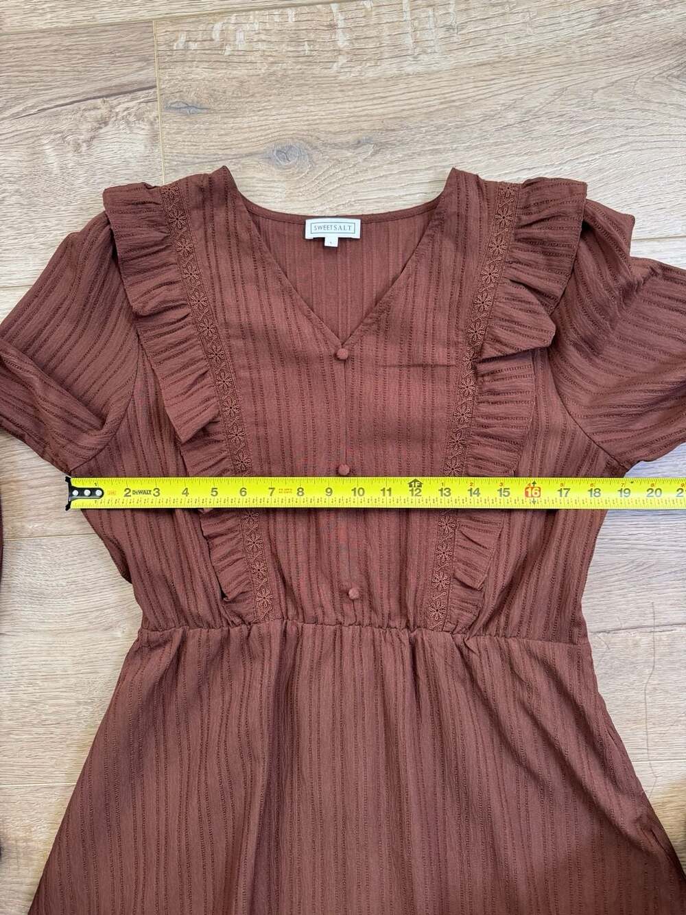 Sweet Salt Brown Midi Dress Womens L Ruffle Long Sleeve Stretch Cottagecore - Picture 15 of 16